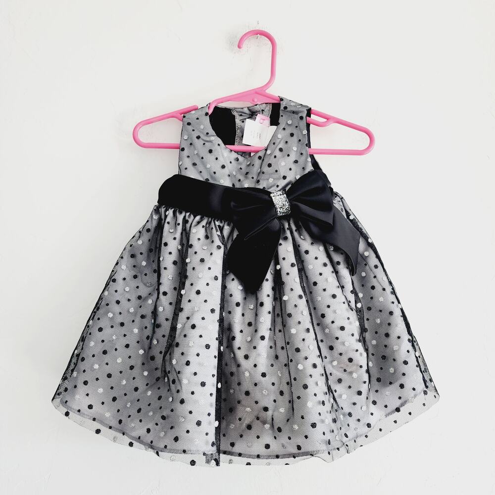 Good Lad 9 mo Baby Girl Holiday Dress Black & Silver with Black Bow A-Line Puffy